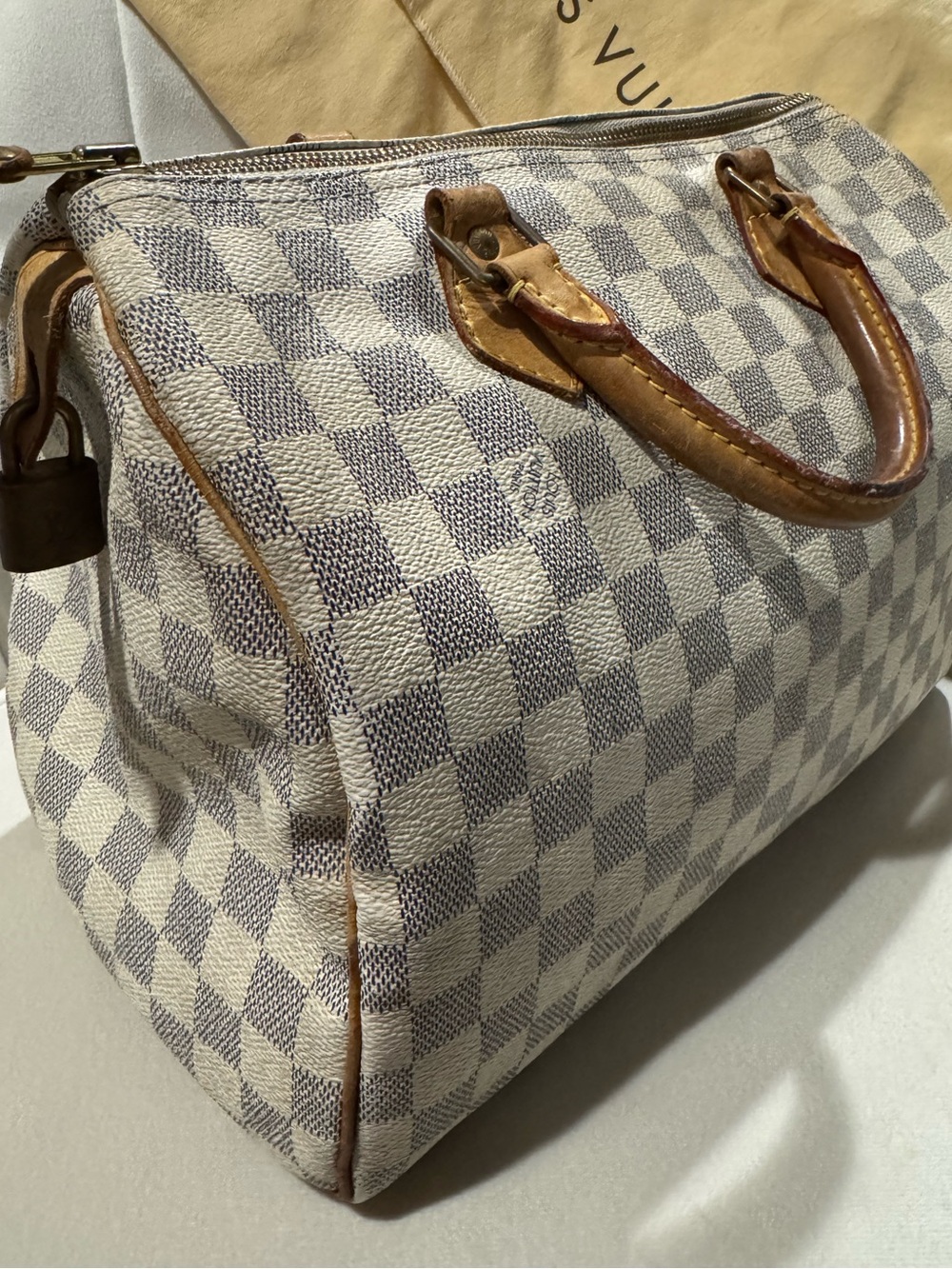 Louis Vuitton Damier Azur Speedy 30 Handbag in White/Blue
